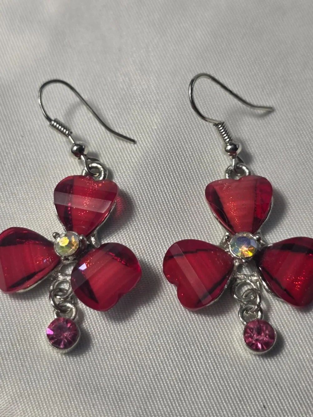 Red Floral Silver Tone Dangle Earrings with a Pink Dangle Charm French Wire